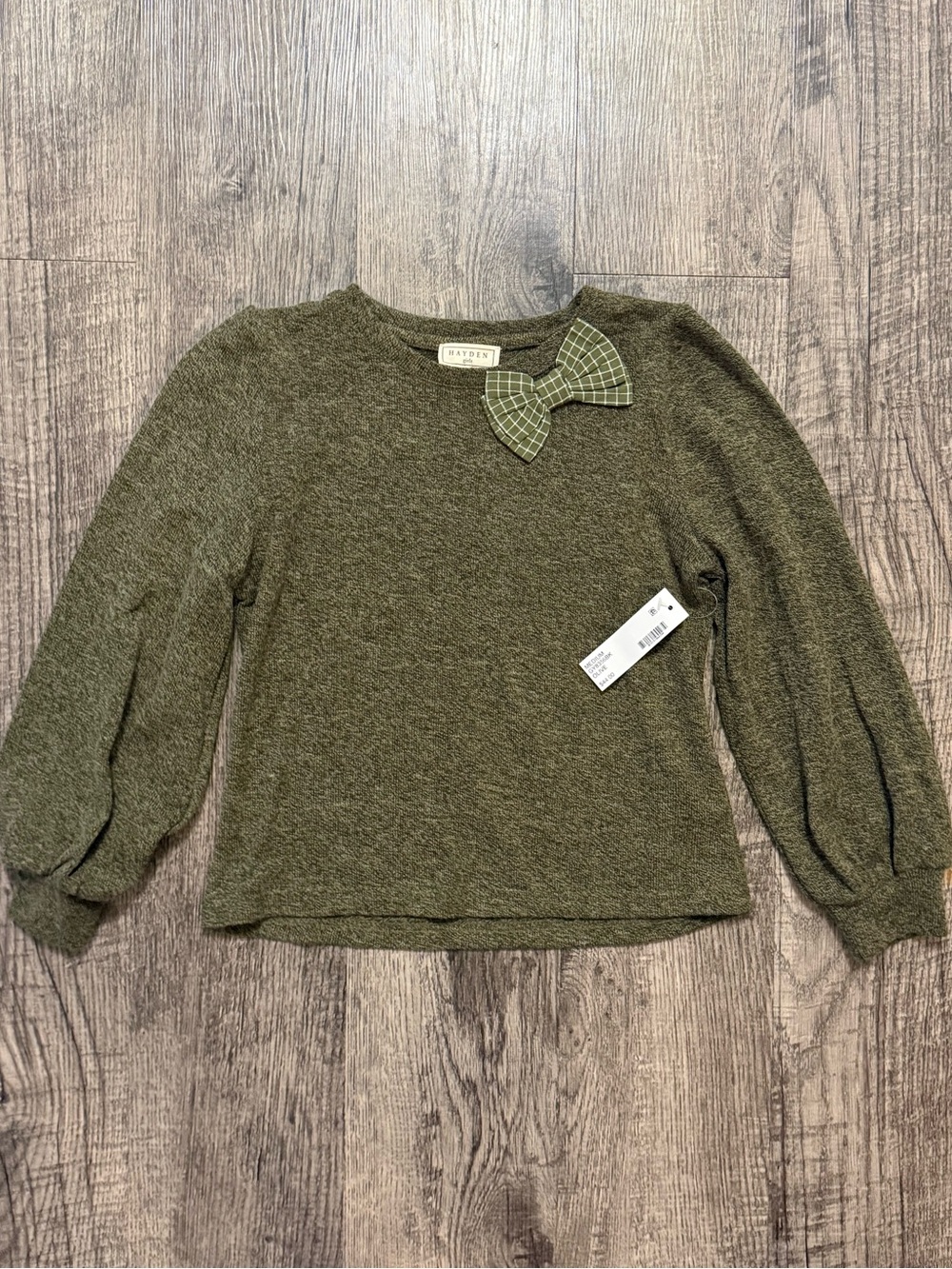 Youth Girls Olive Green Preppy Puff-Sleeve Sweater w/Plaid Bow size M boutique